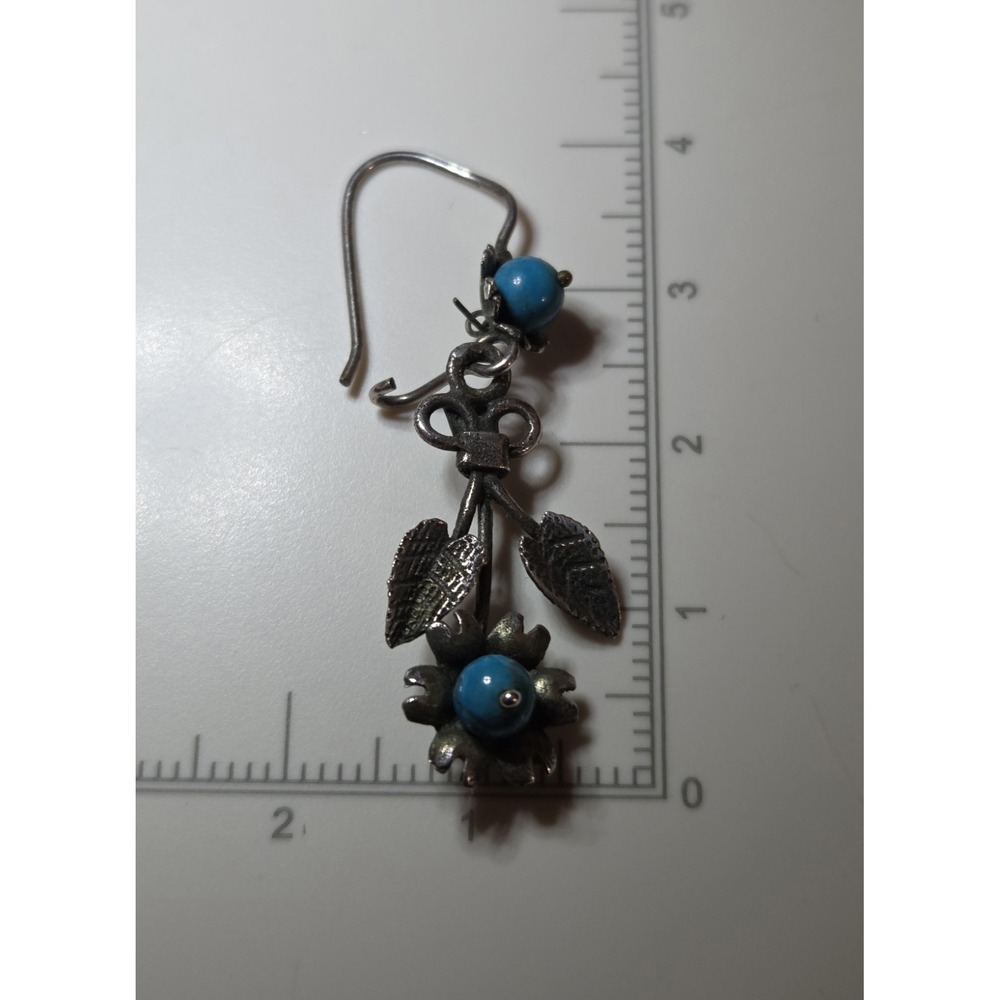 Vintage Zuni Sterling Silver & Turquoise Sunflower Dangle Earrings Signed Native - Picture 4 of 5